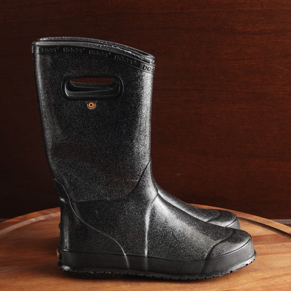 Bogs Rain Boots Youth Size 5 Black Glitter Waterproof Chore Outdoor Utility Flat